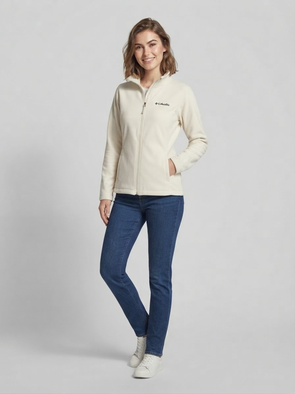 Columbia Cream Zip Fleece Jacket with Blue Skinny Jeans